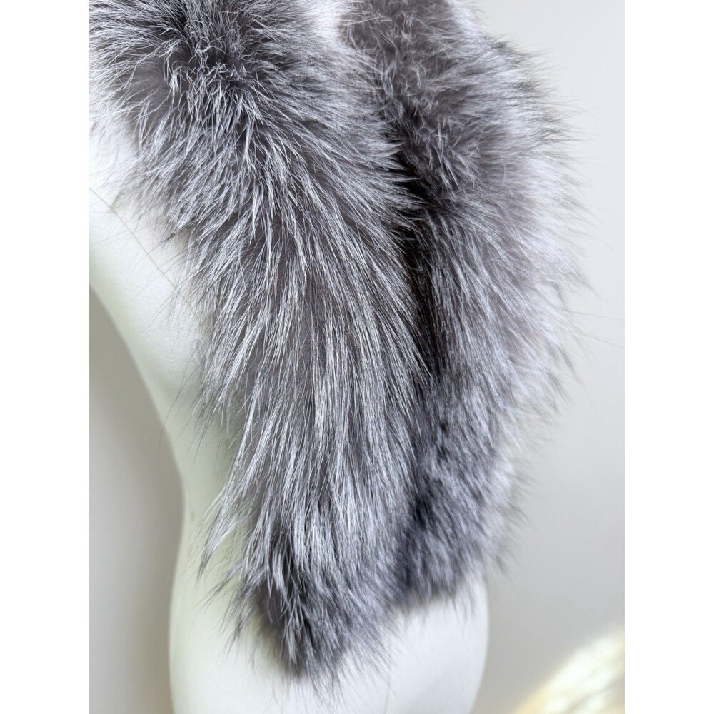 Vintage Genuine Silver Fox Fur Collar Scarf Stole Gray Black Satin Lined - Picture 2 of 8